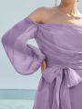 SHEIN Off Shoulder Lantern Sleeve Belted Organza Dress