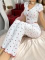 Ladies' Heart Pattern Printed Short Sleeve Long Pant Pajamas Set