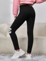 SHEIN Kids Cooltwn Tween Girls' Street Style Knitted Slim Fit Base Leggings For Sports