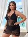 SHEIN Swim BohoFeel Plus Size 1pc Knitted Cover Up With Hollow Out Design, Backless And Halter Neck