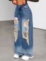 SHEIN ICON Wide Leg Jeans With Distressed Holes