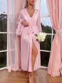 Fuzzy Trim Belted Mesh Robe Without Lingerie Set