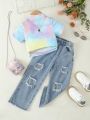 Toddler Girls' Tie-Dye Short Sleeve Top And Frayed Jeans Daily Fashionable 2pcs Set