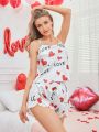 Women's Heart & Letter Print Cami Top And Shorts Pajama Set