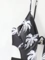 SHEIN Swim BAE Coconut Tree Print Patchwork Underwired Cutout One-Piece Swimsuit