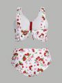 SHEIN Swim Mod Plus Size Women'S Cherry Print Bikini 3pcs Set