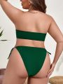 SHEIN Swim Basics Women's Plus Size Solid Color Pleated Bandeau Bikini Swimsuit Set