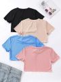 SHEIN Kids SUNSHNE 4pcs/Set Girls' Solid Color Ribbed Knit Casual T-Shirts