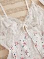 Floral Print Contrast Lace Knot Front Cami Top & Shorts PJ Set