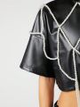 Asavvy SHEIN SXY Drop Shoulder Beaded Detail Crop PU Leather Top