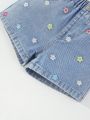 Girls' Casual Cute Dopamine Colored Flower Embroidery Wide-leg Comfortable Light Blue Washed Denim Shorts With Flower