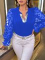 SHEIN Privé Plus Size Long Sleeve Shirt With Sequin And Butterfly Applique Decorated Notched V-neck