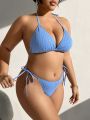 SHEIN Swim Basics Plus Size Women's Textured Halter Neck Swimsuit Set