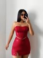 SHEIN SXY Women's Red Leather Strapless Thigh-high Slit Skirt Set