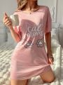 Women's T-Shirt Sleep Dress With Letter, Cat & Palm Pattern
