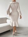 SHEIN Privé Solid Color Wrapped Trumpet Sleeves Pleated Mermaid Dress