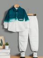 SHEIN Kids SUNSHNE Toddler Boys' Loose Fit Gradient Long Sleeve Shirt And Woven Long Pants Casual Outfit