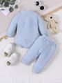 SHEIN Newborn Baby Boy 2pcs Button Front Long Sleeve Romper And Pants Daily Cute Outfits