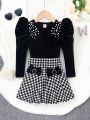 SHEIN Kids FANZEY Little Girls' Short Plush Round Neck Sheep Leg Sleeve Top & Knitted Houndstooth Loose Half-skirt Two-piece Set