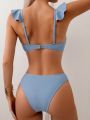 Women's Solid Color Ruffle Trimmed Bikini Set With Decorated Edge And Tied Straps