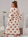 Strawberry Print Hooded Belted Flannel Robe