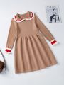 Older Girl'S Contrast Striped Trimmed Peter Pan Collar Long-Sleeved Sweater Dress