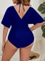 SHEIN Swim Classy Plus Plain Belted Halter One Piece Swimsuit