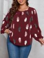 SHEIN LUNE Plus Feather Print Lantern Sleeve Ruched Front Blouse