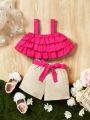 SHEIN Elegant & Fashionable Baby Girl Spaghetti Strap Tank Top And Shorts Set