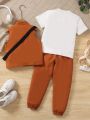 Young Boy's Casual Three-Piece Set With Round Neck Short Sleeve T-Shirt, Stand Collar Vest, Zipper Jacket, And Elastic Cuffs Pants