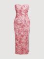 SHEIN Privé Elegant Plus Size Women'S Floral Print Strapless Dress With 3d Flowers And High Slit