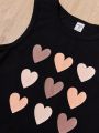 SHEIN Kids QTFun Big Girls' Knit Solid Color Heart Pattern Tank Top 2pcs Set