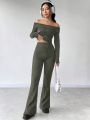 Women's Off Shoulder Ribbed Top And Pants Two-piece Set