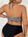 SHEIN Swim SXY Plus Size Women's Leopard Print Halter Bikini Top