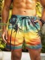 Men's Scenery Printed Drawstring Waist Beach Shorts