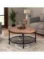 Rustic Natural Round Coffee Table with Storage Shelf for Living Room, Easy Assembly (Round)