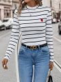 SHEIN Frenchy Heart Embroidery Striped T-shirt