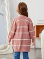 SHEIN Kids EVRYDAY Girls' Casual Loose Fit Long Sleeve Striped Cardigan