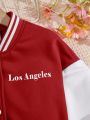 Teen Girl Letter Graphic Striped Trim Drop Shoulder Two Tone Varsity Jacket & Pleated Skirt