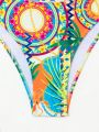 SHEIN Swim SXY Women's Full Printed Halter Neck Separated Swimsuit, Random Pattern