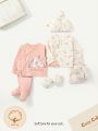 Cozy Cub Newborn Baby Girl Cute Rabbit Pattern Long Sleeve Cardigan With Footed Pants, Hat And Gloves 6pcs/Set