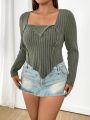 Plus Size Single Color Ribbed Knitted Button Detail T-Shirt