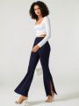 Cacao Bloom Solid Slit Hem Flare Leg Pants