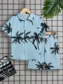 SHEIN Kids SUNSHNE Tween Boys' Leisure Coconut Tree Print Short Sleeve Shirt And Shorts Set For Vacation