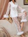 Women's Long Sleeve Lace Patchwork Pajama Set With Long Pants