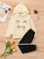 2-Piece Little Girls Cute Cartoon Cat Print Hoodie Set Spring Autumn Casual Long Sleeve Pants Sweatshirt and Jogging Pants Kids Clothes