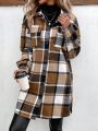 Women's Plaid Flap Pocket Long Sleeve Woolen Coat