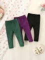 3pcs/set Baby Girls' Leisure Velvet Striped Leggings To Wear Outside