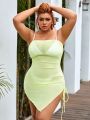 SHEIN Swim Vcay Plus Size 1pc Strapless Cover Up Dress With Asymmetric Hem And Mesh Detailing