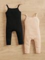 SHEIN Baby Girls' Casual Cami Ribbed Knit Jumpsuit Set